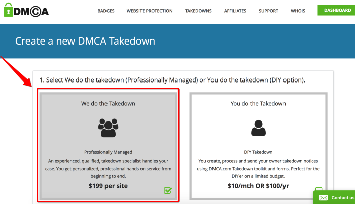 image of the DMCA offer page